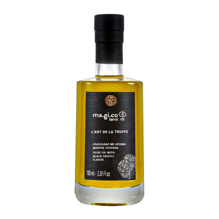 Φιάλη 100ml ελαιόλαδο με άρωμα μαύρης τρούφας ma.gi.co terra – Olive oil with black truffle flavor