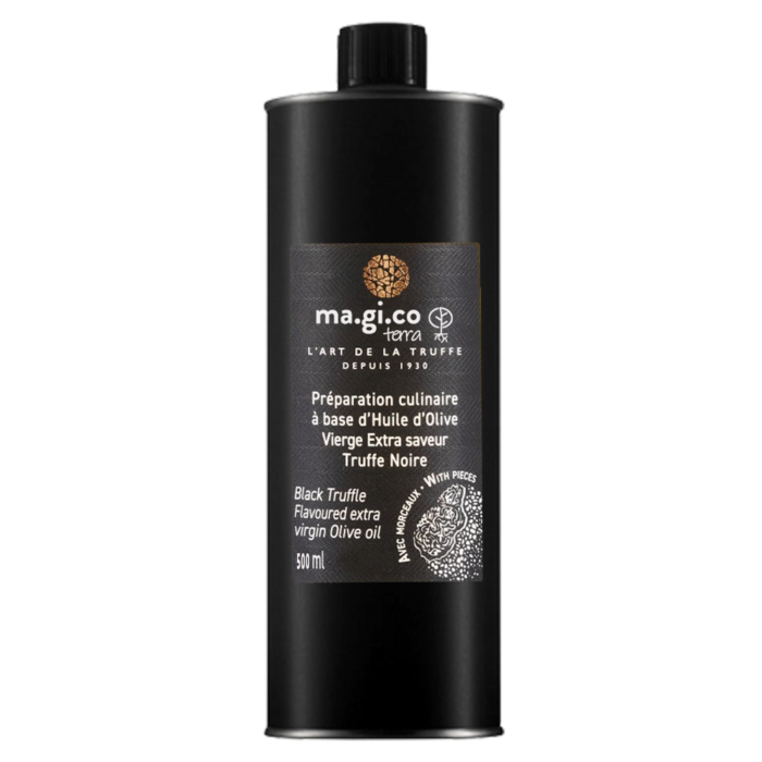 συσκευασία 500ml ma.gi.co terra – Εξαιρετικό παρθένο ελαιόλαδο με άρωμα μαύρης τρούφας και κομμάτια τρούφας